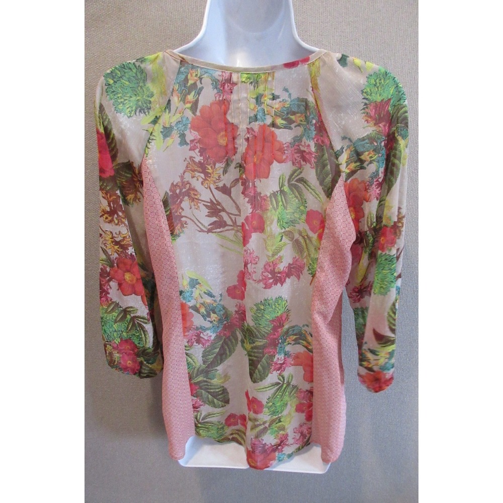 Meadow Rue Anthropologie Key-Hole Peasant Blouse Beige w/Multicolor Floral Sz S - Picture 4 of 7